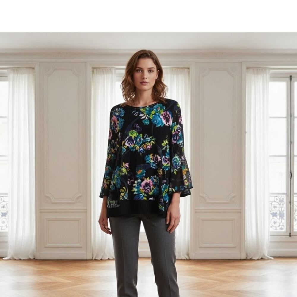 Calessa Black Floral Layer Flared Sleeve  Knit Top  *2X/3X - Picture 9 of 12